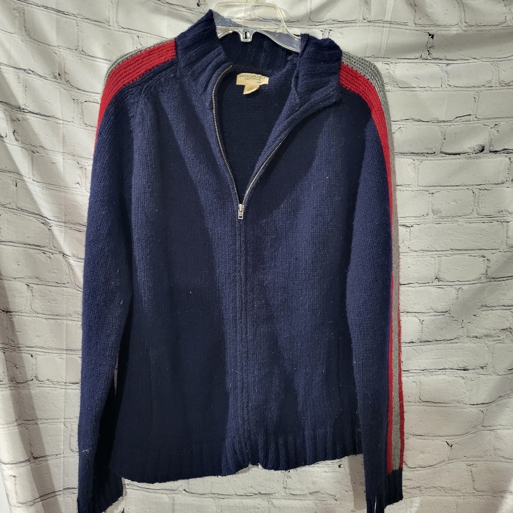 American Eagle Outfitters Navy Zip-Up Sweater with Red  Stripes. Wool Blend